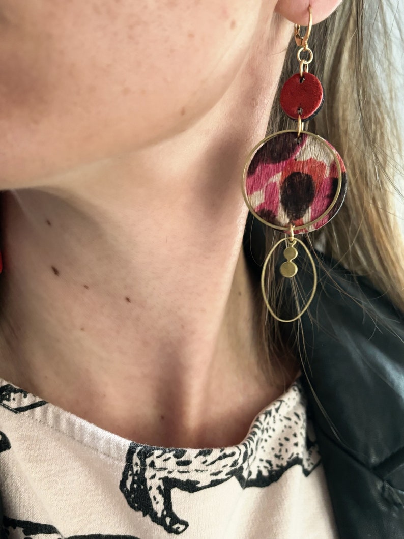 Before I was a pair of sneakers, Asymmetrical earrings in recycled leather sneakers, leopard, red, Bo leather image 1