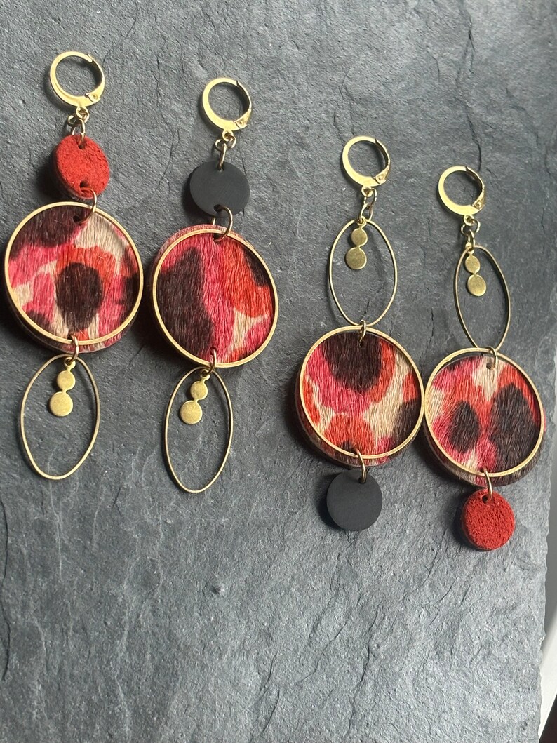 Before I was a pair of sneakers, Asymmetrical earrings in recycled leather sneakers, leopard, red, Bo leather image 4