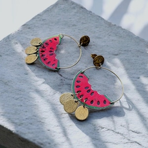Asymmetrical watermelon earrings. Red earrings. Fruit earrings.