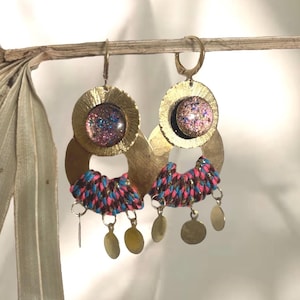 Earrings made of recycled inner tube cotton rope and brass. Colorful earrings.