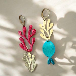 Coral and fish earrings. Ocean earrings. Turquoise and red earrings. Mismatched earrings.