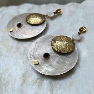 Pearl and brass earrings. Recycled inner tube nuggets