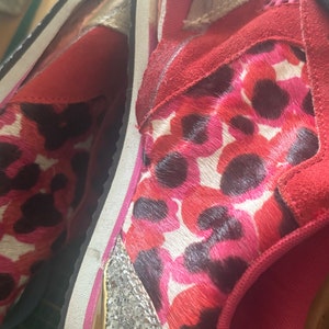 Before I was a pair of sneakers, Asymmetrical earrings in recycled leather sneakers, leopard, red, Bo leather image 5