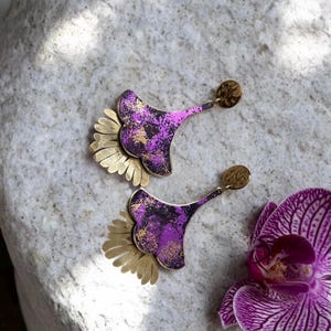 Fuchsia earrings. Ginkgo earrings in hand-patinated brass.