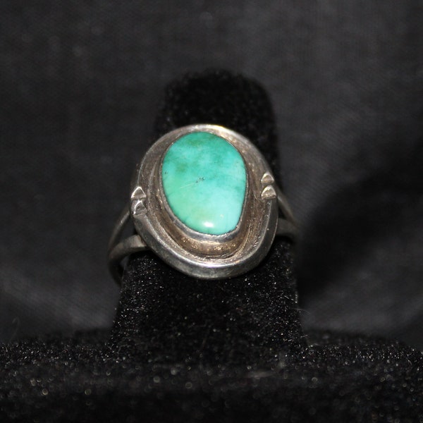 Unique shaped, turquoise, vintage, sterling silver ring