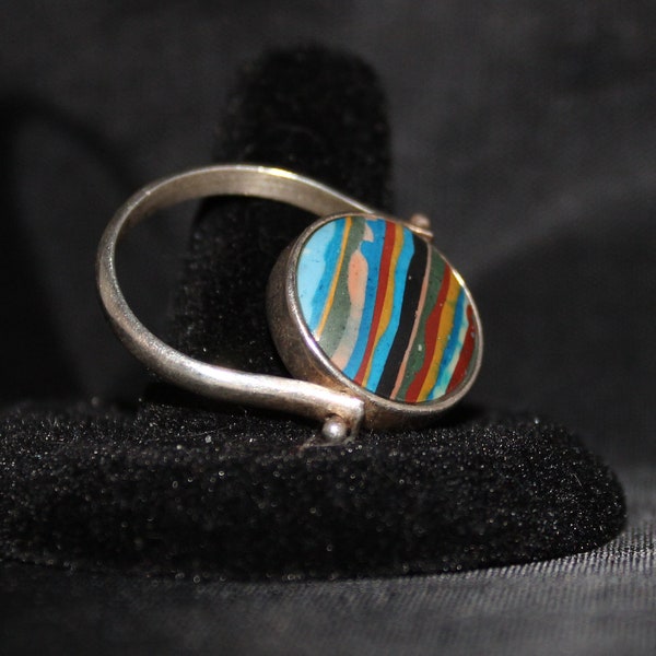 Vintage, rainbow and blue green turquoise, center piece changeable, sterling silver ring