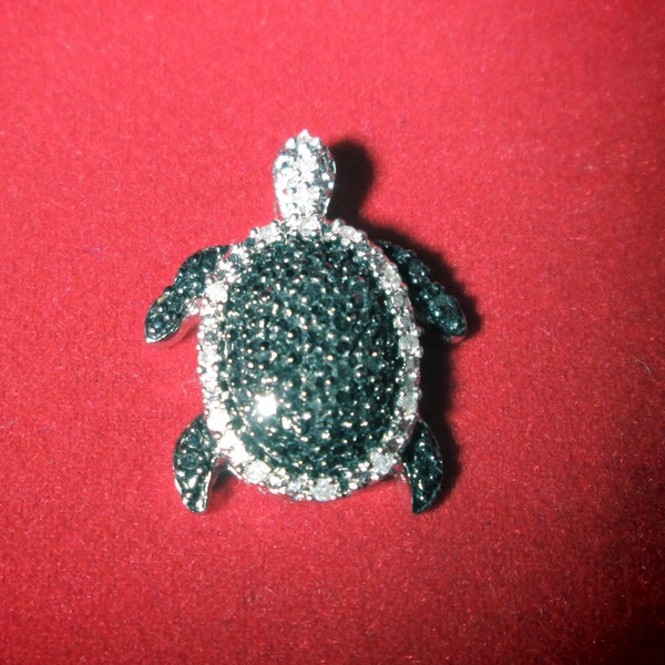 Adorable, Black and Clear Diamond Turtle Vintage Pendant and 20 inch Sterling Silver Chain