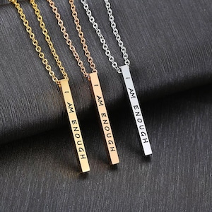 Personalized Bar Necklace, Long Layered I Am Enough Unique Engraved Birthday Gift, Sterling Silver, Gold filled, Rose gold filled