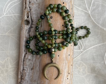 CANADIAN JADE, PYRITE & crescent moon long mala necklace - Good luck, wealth, health necklace,108 stones meditation or fashion long necklace