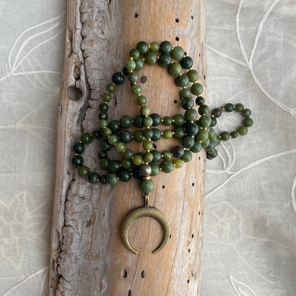 CANADIAN JADE, PYRITE & crescent moon long mala necklace - Good luck, wealth, health necklace,108 stones meditation or fashion long necklace