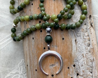 CANADIAN JADE, HEMATITE & crescent moon long mala necklace - Good luck, wealth, health necklace, 108 stones meditation or fashion necklace