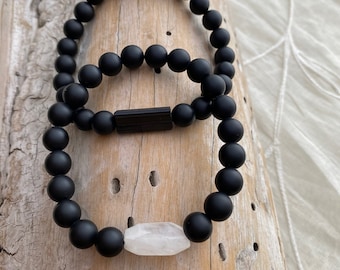 Lot de 2 bracelets I LOVE U, bracelets en onyx avec tourmaline ou pierre de lune, bracelets de couple, bracelets meilleurs amis, bracelets longue distance
