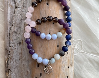 Pulsera CALM, Las 7 mejores piedras calmantes, Alivio del estrés, Ansiedad, Relajación, Sueño, Depresión, Energía edificante y positiva, Amuleto de la Flor de la Vida