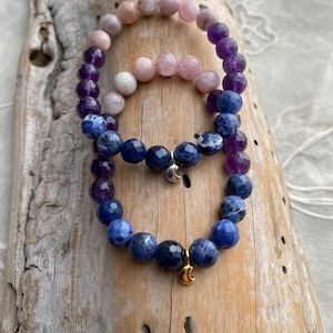 DREAM bracelet, Sodalite amethyst kunzite stones, Insomnia better sleep bracelet, Sterling silver or 18K gold plated crescent moon