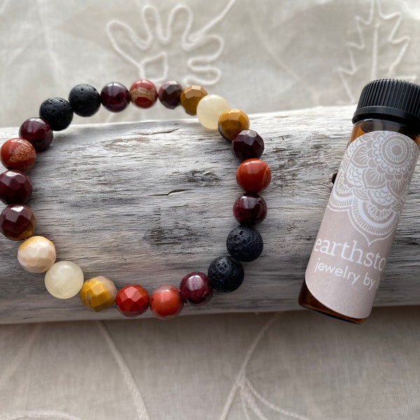 FIRE AROMATHERAPY bracelet, Lava garnet red jasper & mookaite jasper, Uplifting energy confidence, Add essential oil to lava stones diffuser