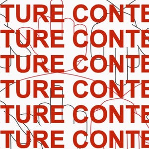 May include: A white background with the phrase "MATURE CONTENT" repeated six times in red text. The text is layered over black and red lines that appear to be hand drawn.