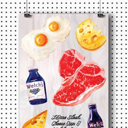 Tbone Steak Cheese Eggs & Welches Grape Poster big Etsy