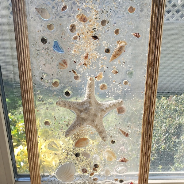 Seashells, Starfish & Seaglass Irridescent Epoxy Resin Art Gold Frame with Hanger