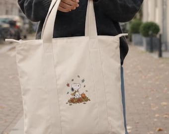 Snoopy Tote Bag Perfect for Fall | Gift for Her, Snoopy Lovers, and Friends Cozy Cute Fall Tote Bag with Snoopy and Leaves