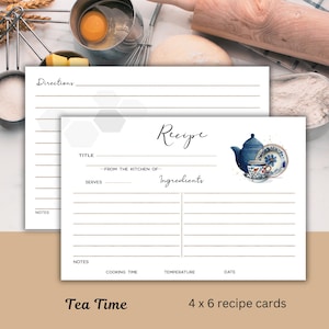 May include: Printable recipe cards with a teacup and teapot illustration. The cards have lines for writing down directions, ingredients, notes, cooking time, temperature, date, title, serves, and from the kitchen of. The cards are labeled "Tea Time" and "4 x 6 recipe cards".