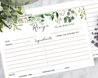Greenery Bridal Recipe Cards: Eucalyptus Design, 4x6 Double Sided recipe card