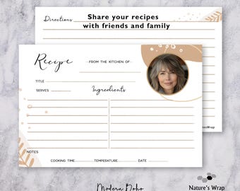Personalized Recipe Card, Photo Memorial, Boho Illustrated, 30-Pack