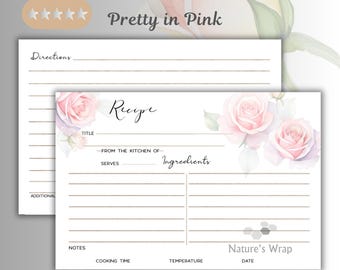 May include: White recipe cards with pink rose illustrations. The cards have lines for directions, ingredients, and notes. Text on the cards reads "Pretty in Pink", "Recipe", and "Share a Recipe with the Bride to Be". The cards measure 4 x 6 inches.