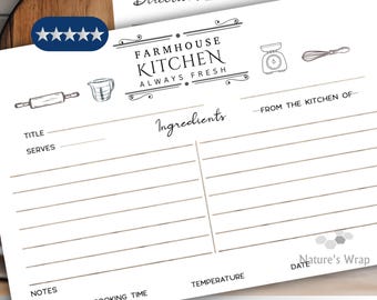 May include: White 4 x 6 printed recipe cards with a farmhouse kitchen theme. The cards feature the text "Farmhouse Kitchen Always Fresh" and include spaces for directions, ingredients, and notes. The cards also have illustrations of kitchen tools.