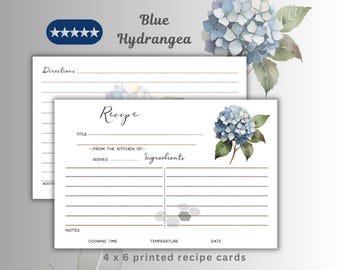 Blue Hydrangea Recipe Cards: Double Sided, Bridal Shower Gift