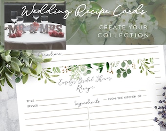 Personalized Recipe Cards, Greenery, Mother's Day - Bridal Shower 4x6 Recipe cards - Double Sided - set 30/45