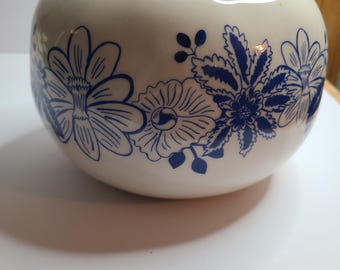 Lauren McIntosh Anthropologie Vase | Blue Gold Hand Painted Ceramic | Vintage Centerpiece | Floral Arrangement Home Decor
