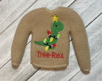 Elf sweater/Holiday elf clothes/12” doll sweater/doll clothing/Elf sweatshirt/Elf clothing/Elf costume/T Rex/Dinosaur/Dinosaur elf shirt