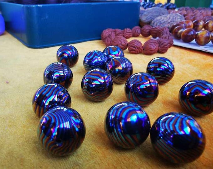 Beads of TiDamascus (Mokume Ti, 12mm) and ZrTiDamascus (Mokume Zr&Ti, 12mm), Both with 3mm Hole – For Jewelry, EDC, Lanyard Use