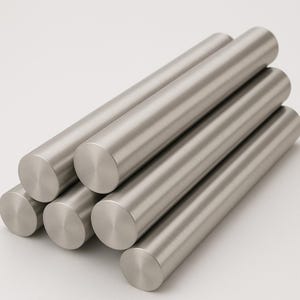 May include: A collection of six cylindrical metal rods, arranged in a slightly overlapping pattern. The rods have a brushed, matte finish and are silver in color. The ends of the rods are flat and circular. The background is plain white.