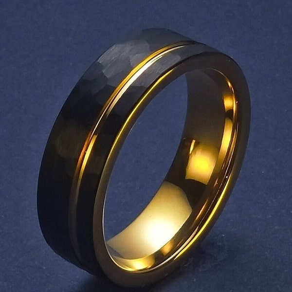 Black Hammered wedding Ring, Hammered Brushed Tungsten Carbide Band, Rose gold strip, Mens Ring, 8mm Tungsten, Wedding Band, Brushed Ring