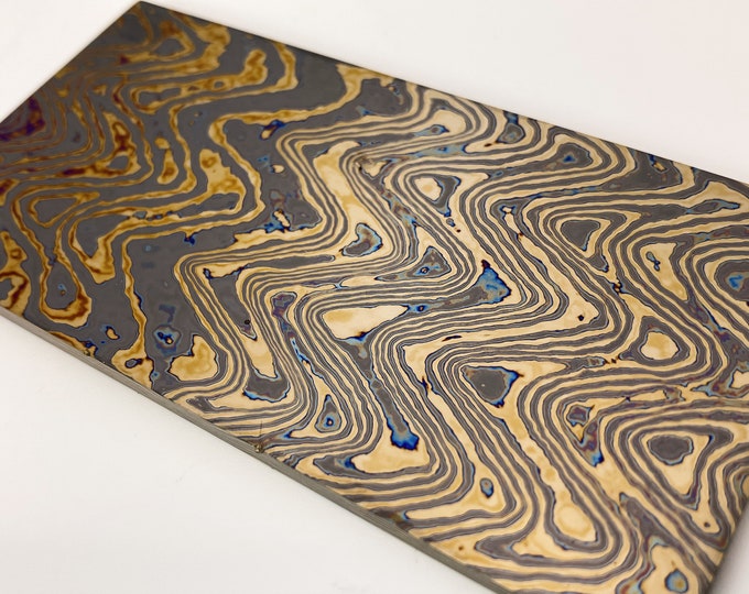 Mokume Zr&Ti plate / flat bar, 4alloys, wave pattern. ZrTiDamascus plate