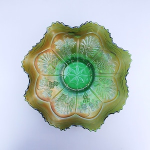Fenton &#39;Peacock and Grape&#39; Carnival glass ruffled bowl