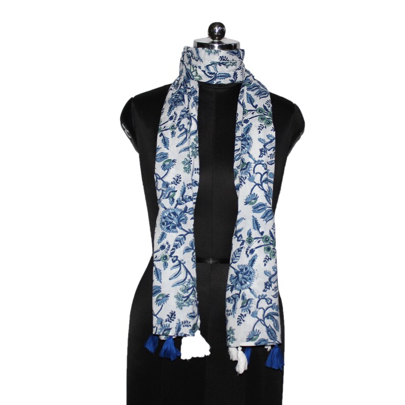 Printed Blue Cotton Scarf With Tassel L White Hand Block Print Dupatta