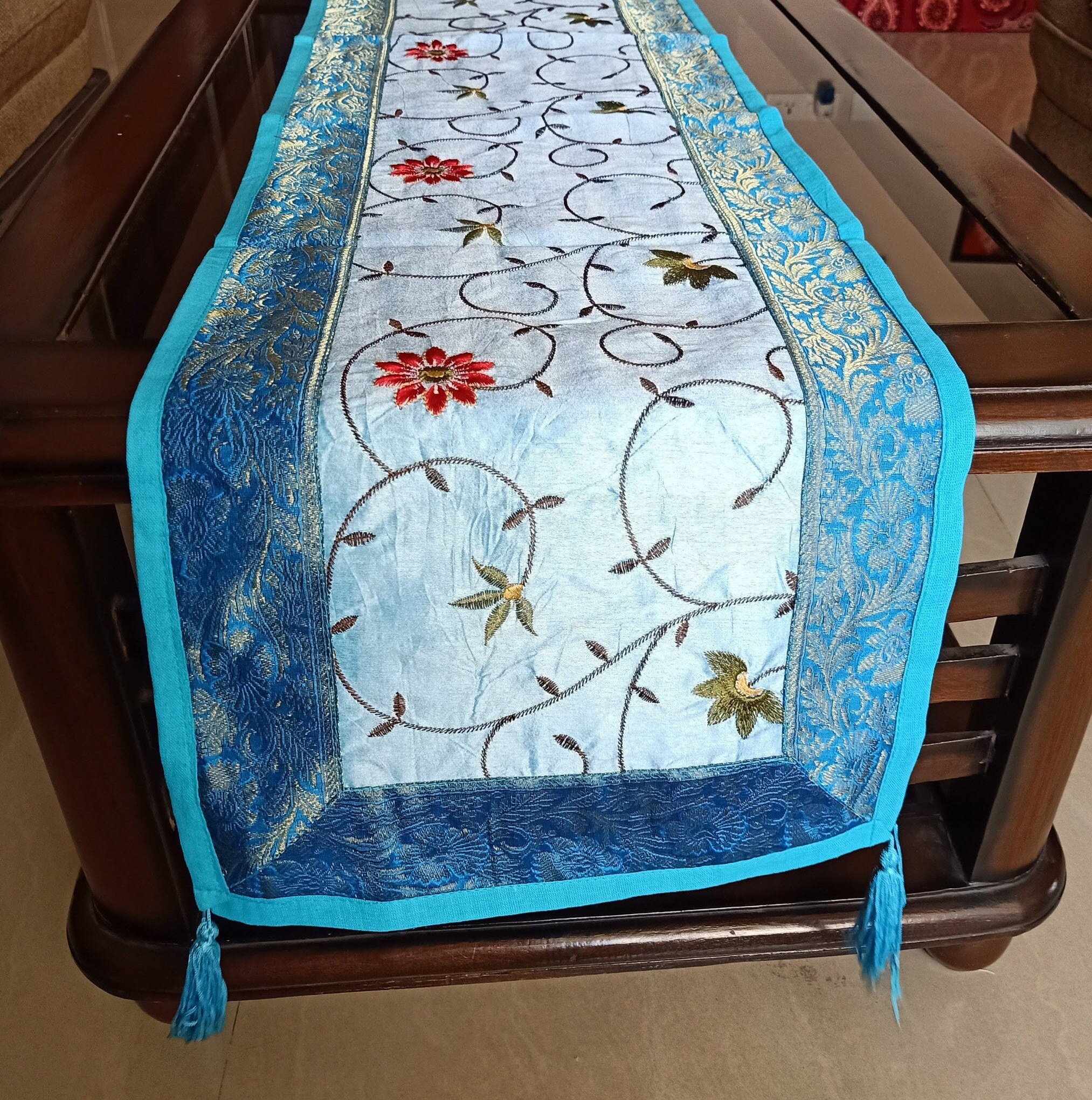 Decor Blue Table Runner Silk table runner with Four side Etsy