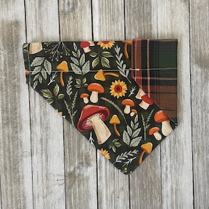 Plaid and Mushroom Sunflower Dog Bandana, Reversible Fall Dog Scarf bandana, Cottagecore Pet Gift, fall dog fashion, cozy autumn dog