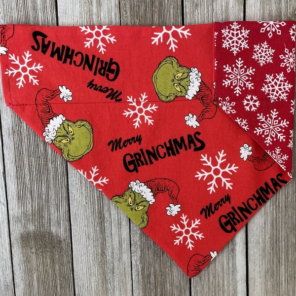 Grinchmas Christmas Dog Bandana Over the Collar, Green Villian, Christmas, dog stocking stuffer, naughty or nice, snowflake