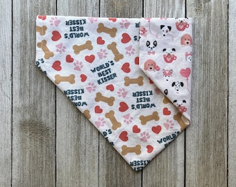 Valentine's Day Pups Reversible Dog Bandana, World's Best Kisser, Over the Collar