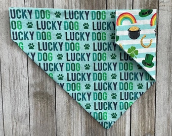 Lucky Dog St. Patrick’s Day reversible dog bandana, over the collar, Irish, pot of gold, rainbow, four leaf clover, horse shoe