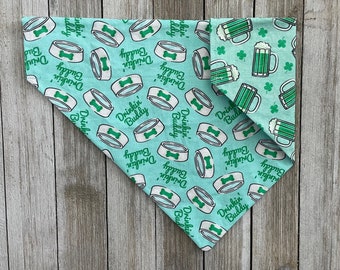 Drinking buddy St. Patrick’s Day reversible dog bandana, over the collar, Irish pint, pub, drinking dog, kiss me im Irish, lucky