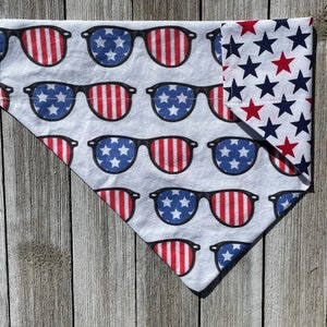 Patriotic Sunglasses Reversible Dog Bandana, Over the collar, 4th of july, independence day, red white and blue, stars and stripes