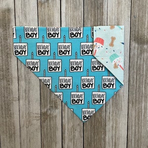 May include: A blue and white dog bandana with a repeating pattern of birthday candles and the text "Birthday Boy". The other side of the bandana has a light blue background with a cupcake and sprinkles.