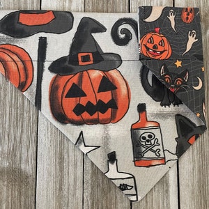 Halloween Reversible Dog Bandana, Over the collar, Black cat, ghosts, broomsticks, pumpkin
