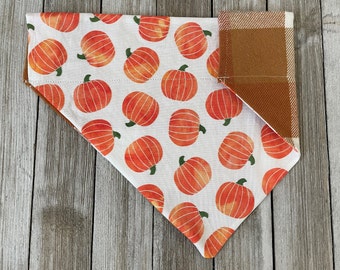 Pumpkin Reversible Dog Bandana, Over the collar, Plaid dog bandana, fall dog bandana, PSL dog, fall dog fashion, cozy autumn dog bandana