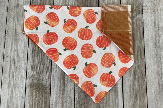 Pumpkin Reversible Dog Bandana, Over the collar, Plaid dog bandana, fall dog bandana, PSL dog, fall dog fashion, cozy autumn dog bandana