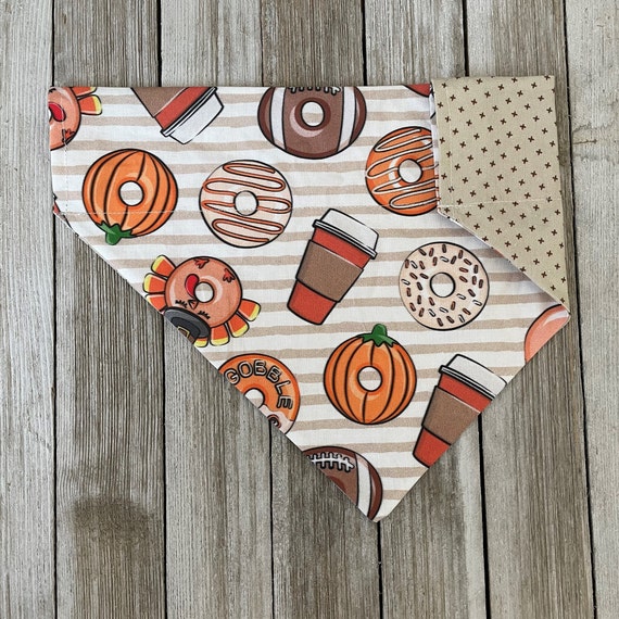 Fall Donut Pumpkin Spice Dog Bandana Reversible, Over the collar, Football, PSL, Turkey donuts, gobble till you wobble, autumn dog bandana